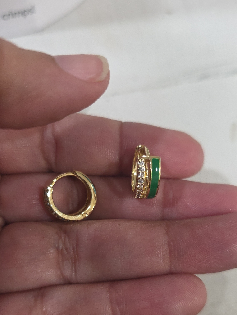 14k Gold Plated Huggies Earrings with Green Enamel and Crystal Accents